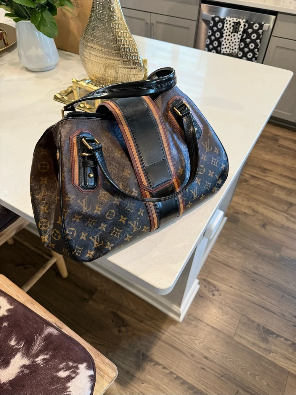Louis Vuitton Monogram Canvas Duffel with Black Center Strap & Tan Trim